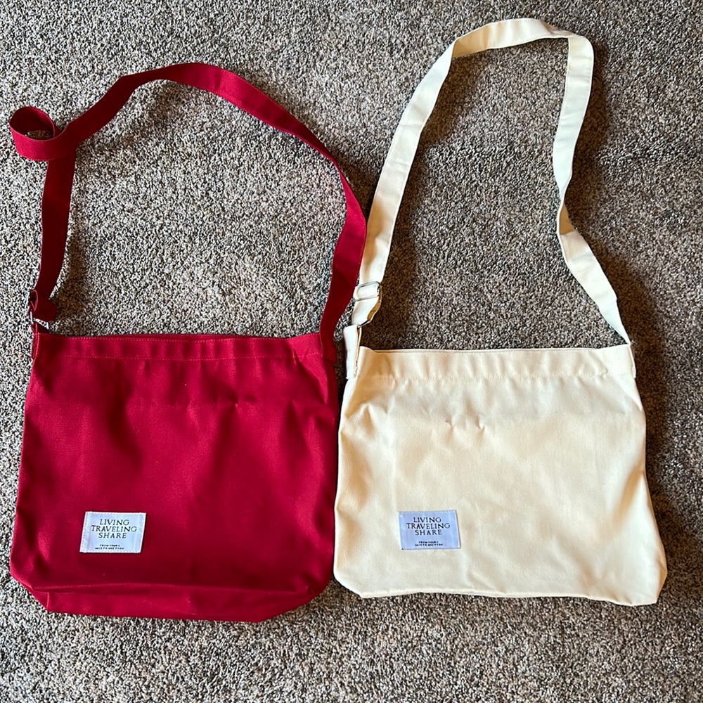 Set of 2 cotton crossbody bags.  One red and one beige.  Never used.